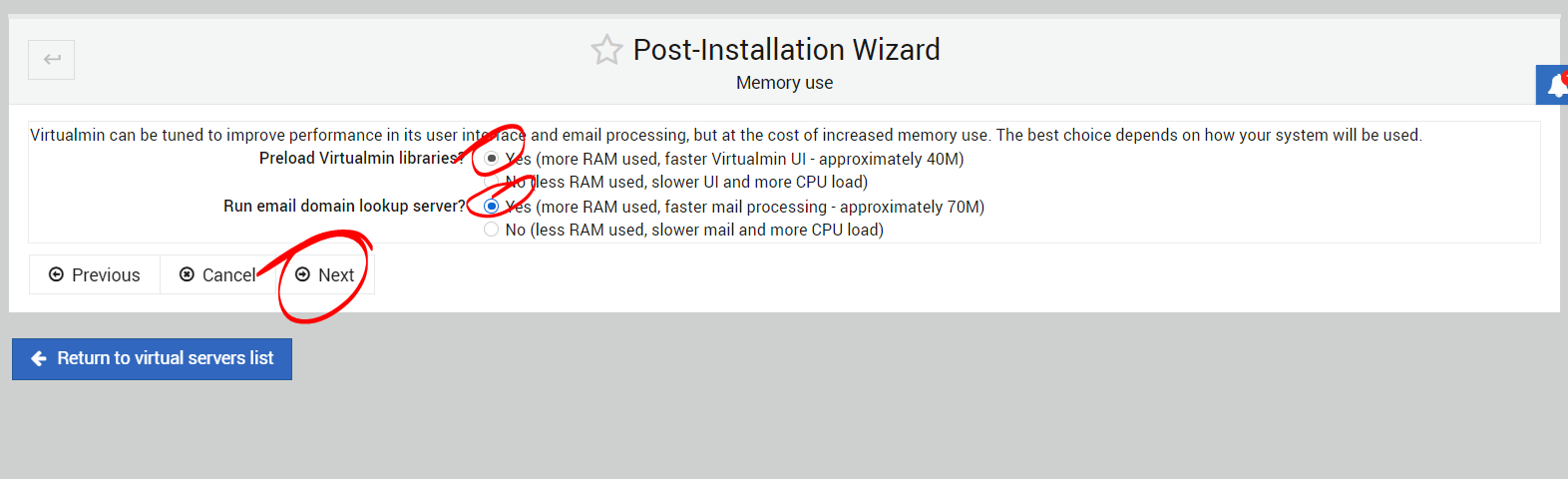 Installing post. Post installation. installation wizard. virtualmin.