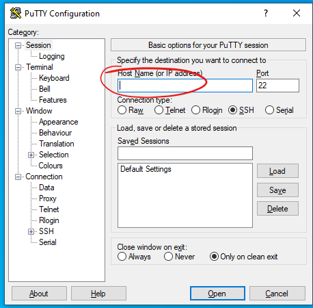 putty settings for ssh session windows server