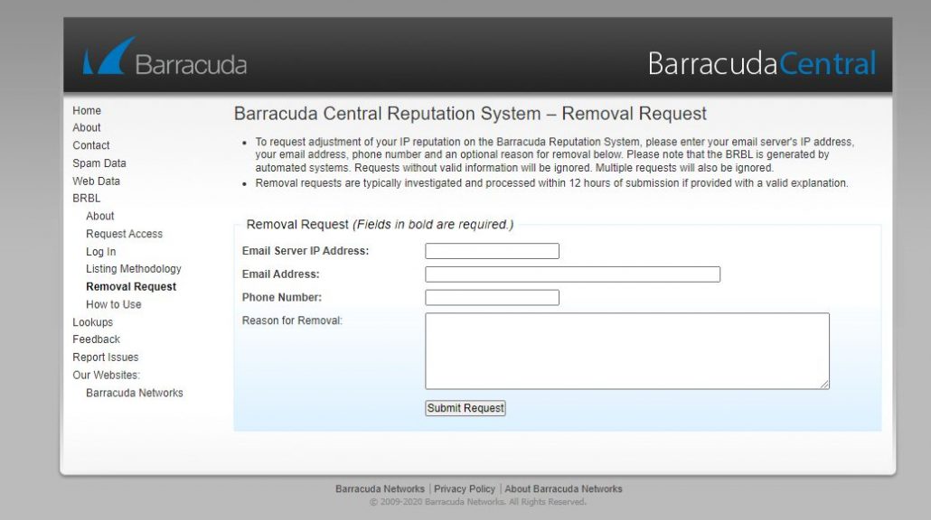 Barracuda removal request IP balcklist